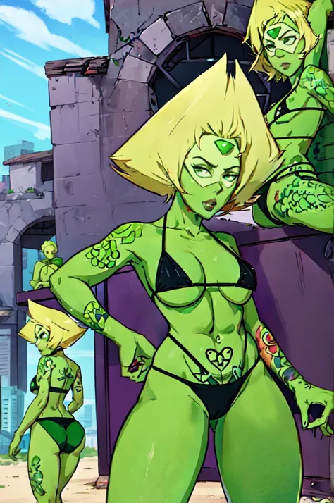 Peridot(SU), colored skin, green skin, forehead jewel, blonde hair, green eyes, micro bikini, black tattoo
