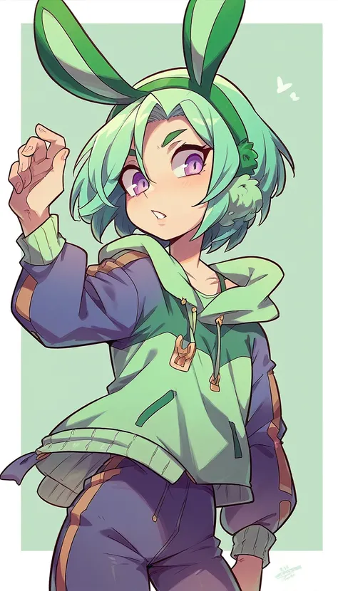 Green medium hair,purple eyes,green bunny ears,random clothes