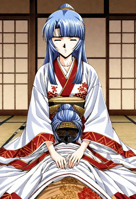 8K　Historical drama style　A beautiful 13-year-old Japanese princess from the Warring States period with short blue hair　Gorgeous embroidery, Ultra glossy, She is wearing a shiny Heian period princess kimono.　She closes her eyes and defecates on the futon.