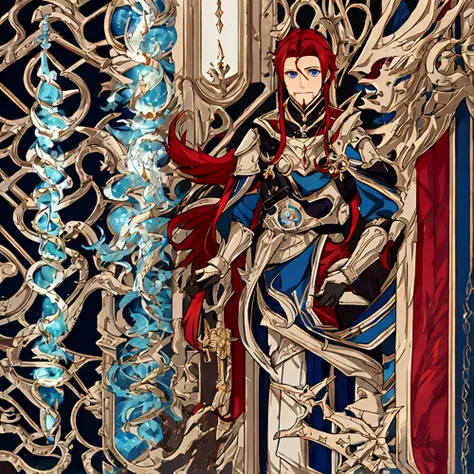 Male, 30 years old, royal armor, scar on his left eye, bright blue eyes, long red hair, Pyro eye of god