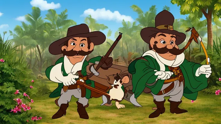 musketeer mouse in beige and green clothes with a beautiful mustache