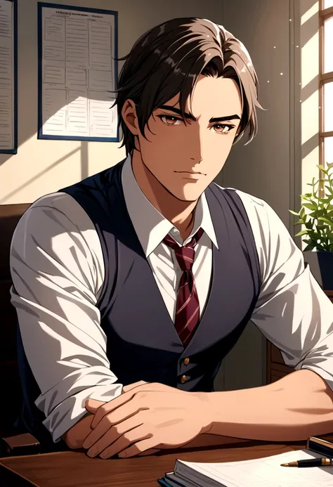 An extremely handsome boy who is the principal of a high school sitting in his office with a serious look 