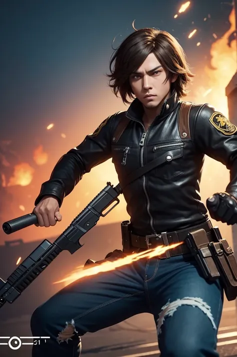 The image is a screenshot of a cartoon character from the Free Fire game. The character has a stylized appearance, with anime features, and is holding a gun while striking a dynamic pose. The background is a simple backdrop that highlights the character