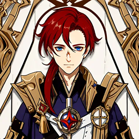 Male, 30 years old, royal armor, scar on his left eye, bright blue eyes, long red hair, Pyro eye of god