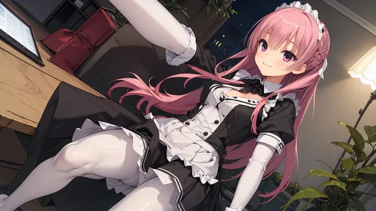 a girl，solo，Long pink hair，gentle，Smile，medium long hair，Distribute，black maid outfit，short skirt ，black gloves,night,digital punk, indoors，((White pantyhose))，white underwear，sansilinglai、character-centered