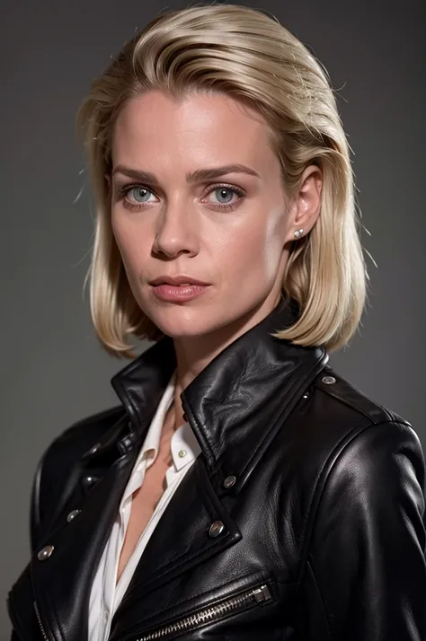 photo of a beautiful woman, (black leather coat white silk shirt:1.2), short hair, blonde hair, detailed face, detailed eyes, upper body focus, mouth closed, smile, looking at viewer, (black background:1.2),  