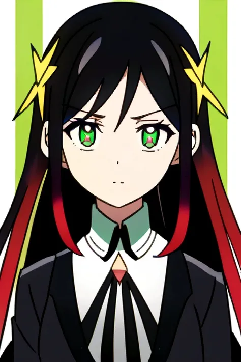 A girl with black hair with red tips in this, Lime green eyes with six-pointed stars adorning their pupils, with a black suit, anime style 