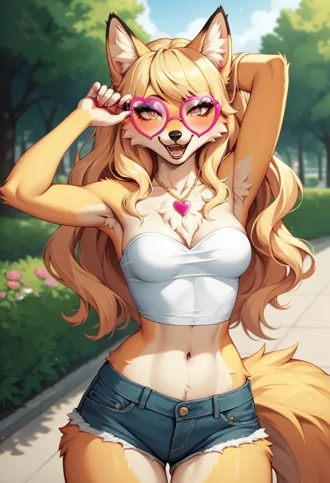 best quality,best resolution,(fluffy anthro furry :1.6),light yellow fox girl,small breasts,light yellow hair,long hair,wavy hair,light yellow fur,glasses,heart necklaces,white strapless with flower embroidery,denim shorts,beautiful public park,among the c...