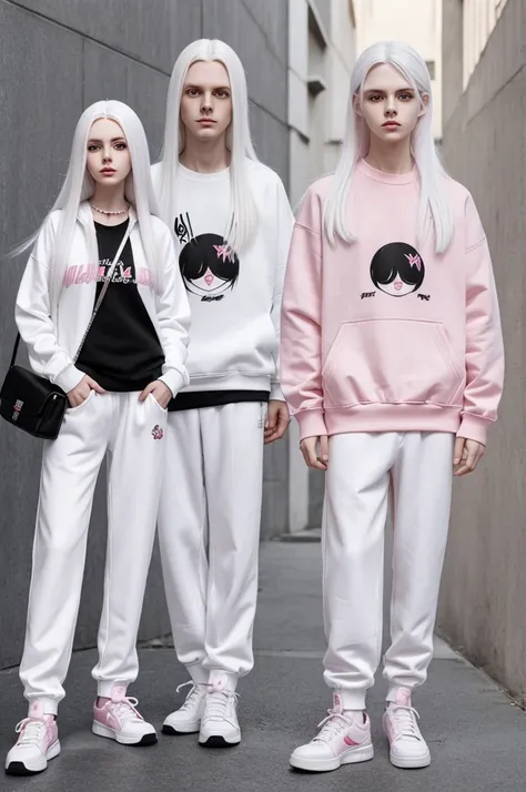 Neco art style character, long straight white hair,white skin like a porcelain doll literally that looks like the color of a dead person ,pink sweatshirt, black flared pants and black shoes,round face and round eyes,Female gender, caricatura 2d