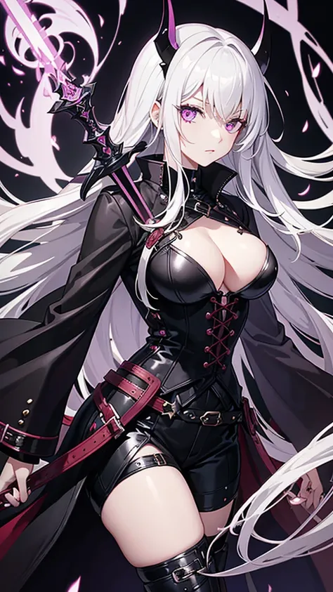 Illustrating Marionne, the demon huntress, She has long wavy lilac violet hair and gray eyesclad in a form-fitting black leather outfit, comprising a wine leather trench coat, a snug red corset embellished with belts and chains, coordinated pants, long lea...