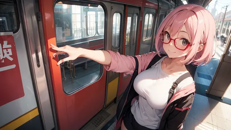 solo,whole body,Standing position right,Light pink hair,Bob Hair,Red Glasses,station,train,smile,Big Breasts,cute,Beckoning