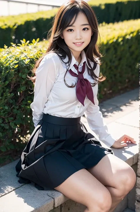 Pure Japanese school girl, wearing uniforms and blouse and skirt, natural makeup, natural hair styles, sweet smile, sexual attractive, sitting and relaxing, lift up skirt, professional portrait photography, dazzling summer sunlight, 