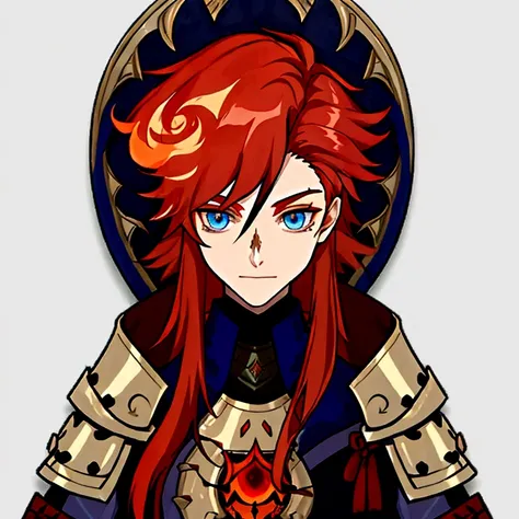 Male, 30 years old, royal armor, scar on his left eye, bright blue eyes, long red hair, Pyro eye of god