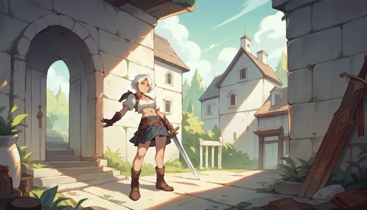 A one-eyed warrior girl in a bra and skirt showing the little white house using a sword 