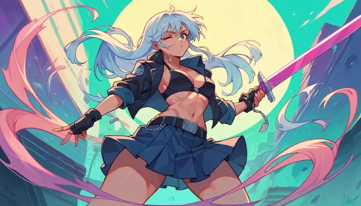 A warrior girl, she only has one eye in a bra and skirt showing her little white face, using a sword in a retrowave setting