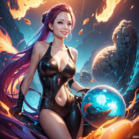 Angelina Jolie confused facial, thinking "What is going on?", dumb smile, brightly colored hair in a shape of nuclear explosion cloud, gigantic breast, meteors, have fun, full body, juicy wet explosion environment, new fantastic species of animals, slime m...