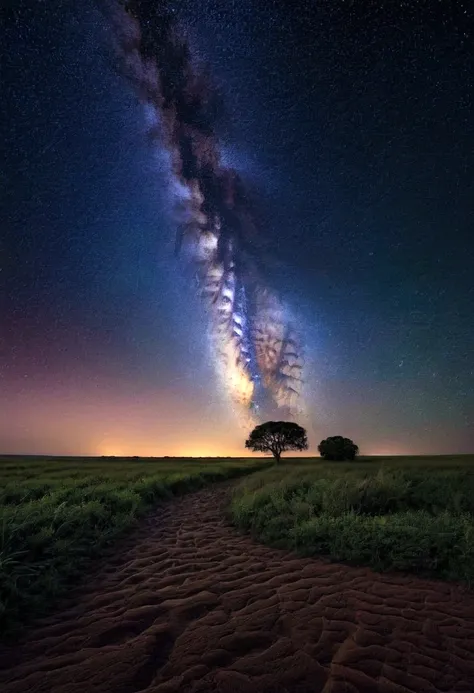 A vast field under a starry sky, with the Milky Way visible