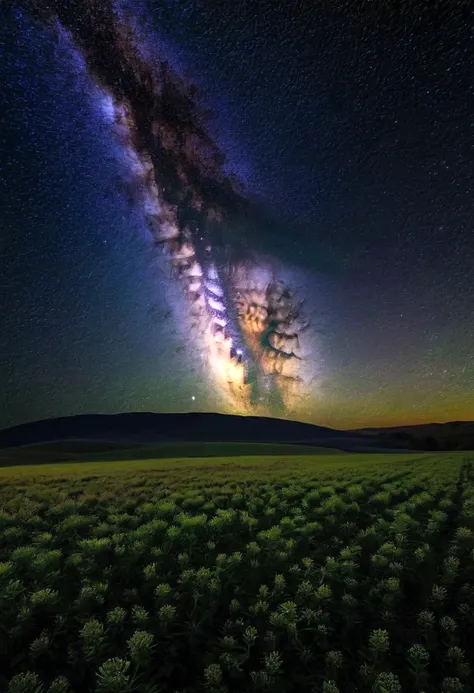 A vast field under a starry sky, with the Milky Way visible