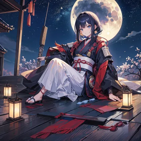 A samurai sitting in a period house with the night with stars and the moon in the background