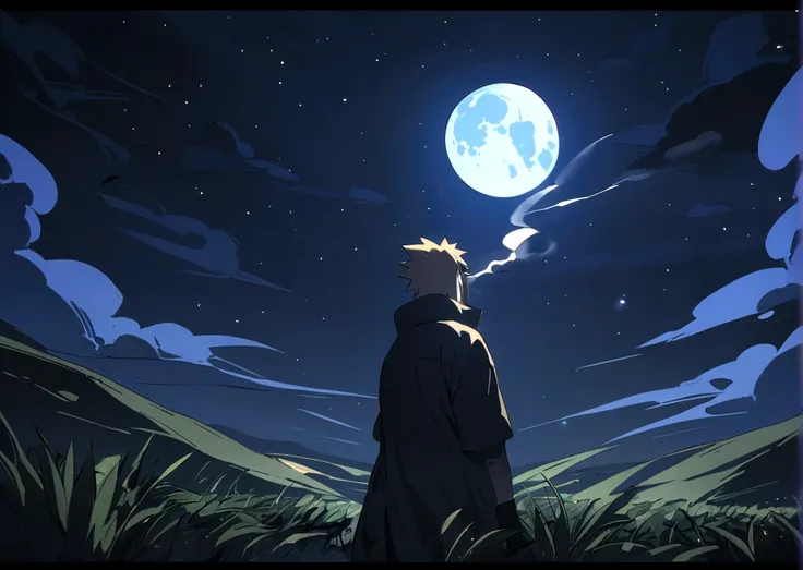 Naruto smoking weed outside at night, on a full moon night. cena  ultra wide 4k 90s