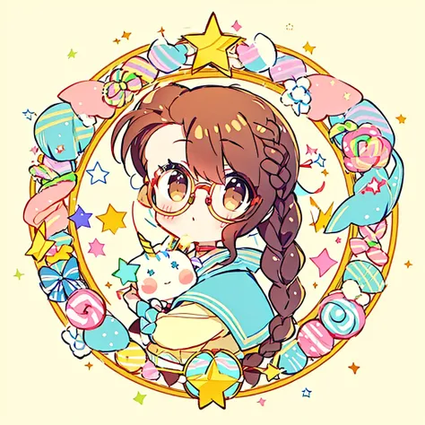 Circular emblem{star、ribbon、unicorn、candy、rainbow}、A girl with a single braided hairstyle{Glasses、Brown Hair、Brown eyes、Light blue sailor suit}