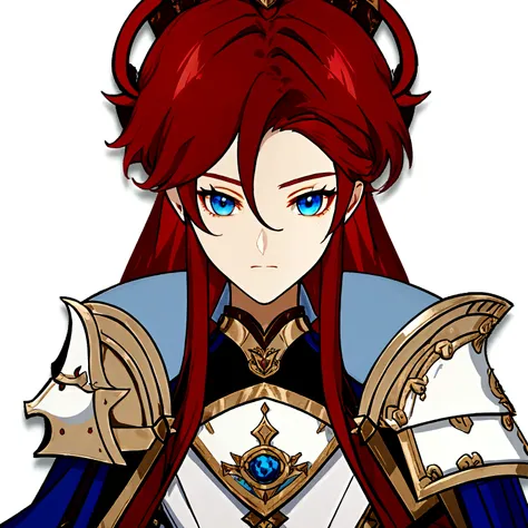 Guy, 20 years old, royal armor, bright blue eyes, long red hair, simple background,