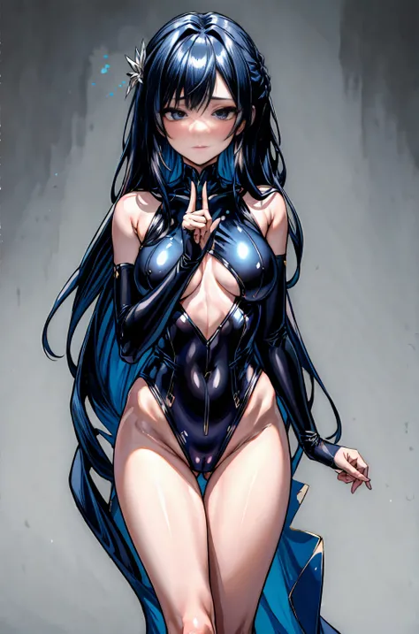 (ladys_whole_body_is_underwater),(standing),(front_view,view_straight),(clear_face,expressionless), break (super_long_black_hair:1.1),shiny_hair, break, super_highleg,black_Leotard,turtleneck, break, Shiny_skin,gleaming_skin, break, Large_breasts,skinny_fe...