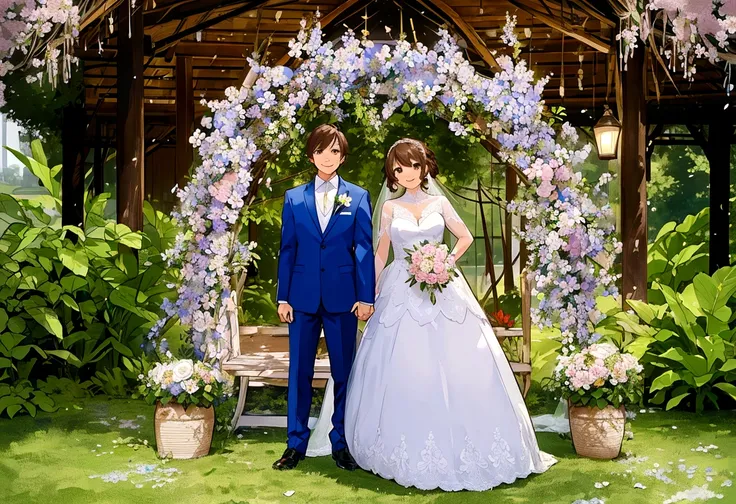 beautiful wedding scene, two characters, both standing, full body view, groom with loid style brown hair from spy x family, wear...