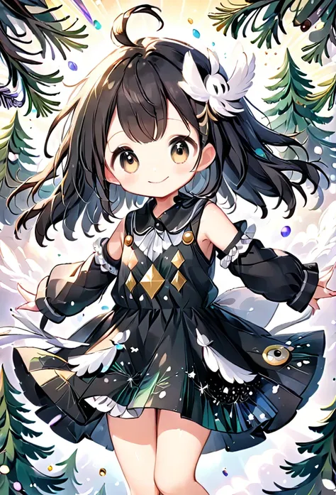 of pine-chan、cute、black Jack、Wide-open eyes、24K.Ultra delicate、of pine、Overflowing with smiles、particle、feather、Fractal Art、Dresses with elaborate designs