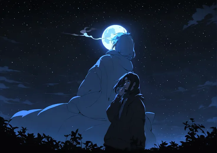 naruto smoking weed outside at night, on a full moon night. cena  ultra wide 4k 90s