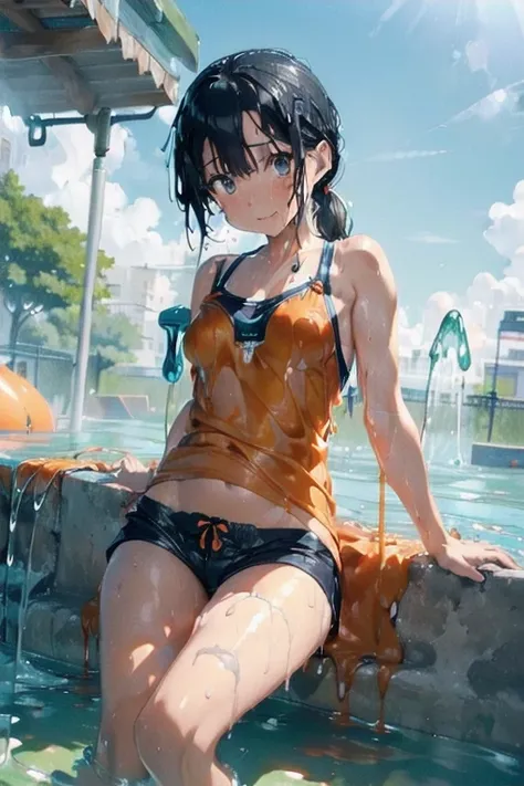 (Dripping wet with slippery liquid lotion:1.5),Orange swimsuit(Orange camisole,Navy blue piping),Navy blue shorts,Black Hair,Water playground in the park