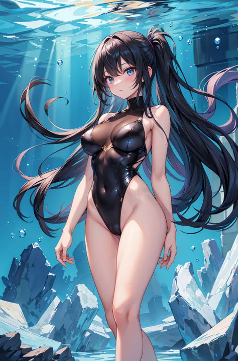 (ladys_whole_body_is_underwater),(standing),(front_view,view_straight),(clear_face,expressionless), break (super_long_black_hair:1.1),shiny_hair, break, super_highleg,black_Leotard,turtleneck, break, Shiny_skin,gleaming_skin, break, Large_breasts,skinny_fe...