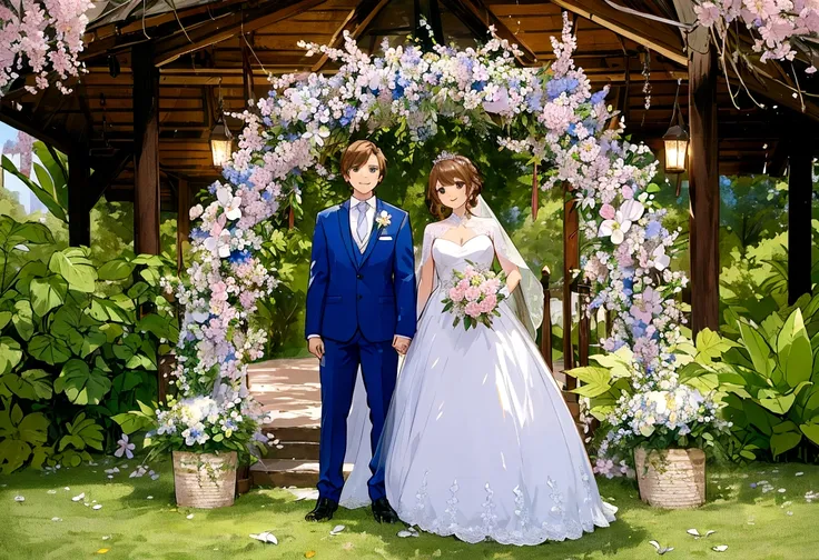 beautiful wedding scene, two characters, both standing, full body view, groom with loid style brown hair from spy x family, wear...