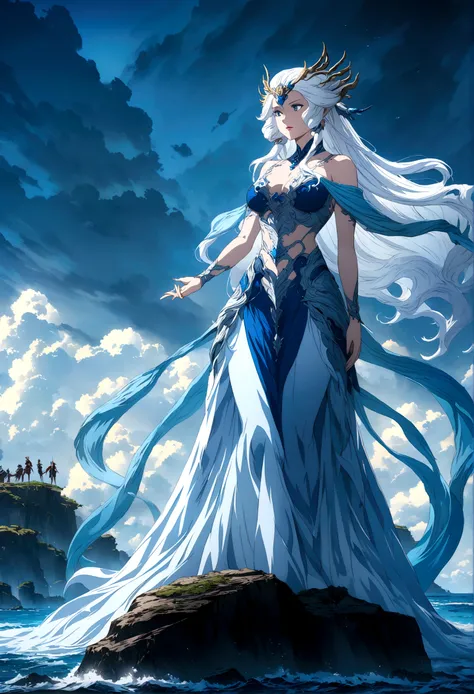 woman with white hair and blue dress standing on a rock in the ocean, anime fantasy artwork, anime fantasy illustration, beautiful fantasy anime, fantasy art style, white haired deity, epic fantasy art style, sea queen Mu Yanling, epic fantasy art style hd...