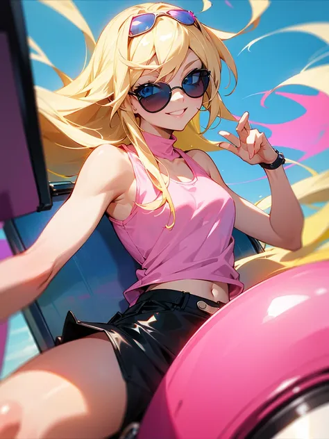 Pink tank top, black hot pants, long blonde hair, sunglasses, smiling, blue eyes