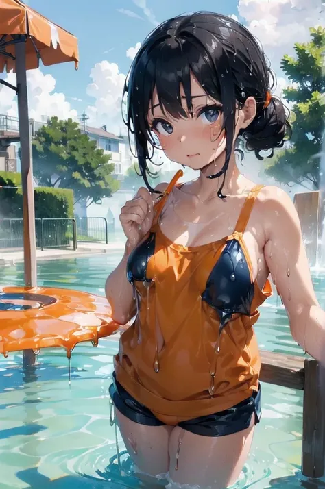 (Dripping wet with slippery liquid lotion:1.4),Orange swimsuit(Orange camisole,Navy blue piping),Navy blue shorts,Black Hair,Water playground in the park