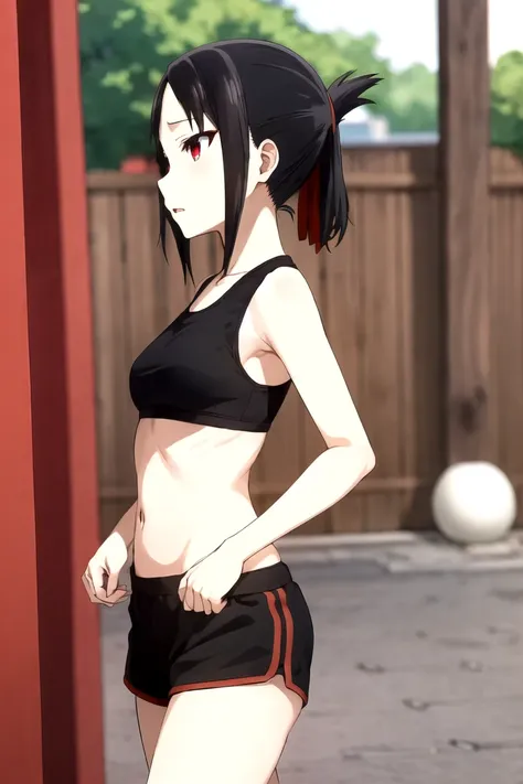 shinomiya kaguya, shinomiyakaguya, red eyes, small breasts, list brook, black fur, red eyes, black sports bra, small black sport...