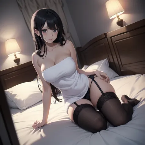 1girl, anime, black eyes, long black hair with square bangs, very long black hair, super long black hair, adult, hourglass figure, nerdy, ((((bed)))), (happy), (((bath towel))), playful, teasing, ((gamer girl)), lights off, dim, (night time), minimal light...