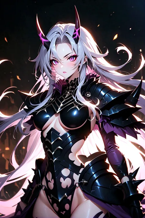 Create an image of the most stunningly gorgeous beautiful wicked oni shion, Stunningly gorgeous perfect face,  perfect makeup, detailed perfect silky smooth skin texture, detailed hour glass body figure, very long styled hair, shion armor spike,