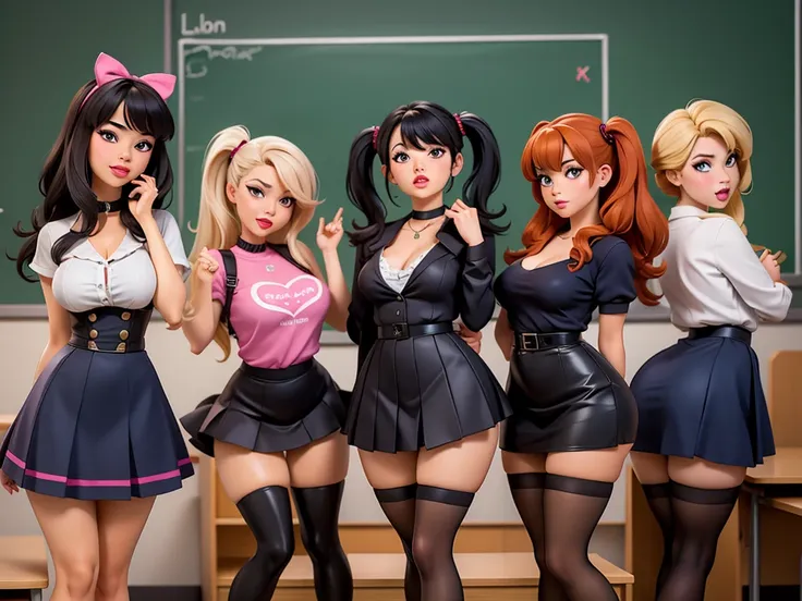 a sexy group of lolita girls are standing inside the classroom during the lesson while the teacher is at the blackboard, wearing...