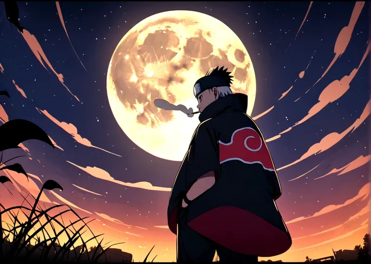 (((authentic naruto with akatsuki outfit))) smoking weed outside at night, on a full moon night. cena ultra wide 4k 90s