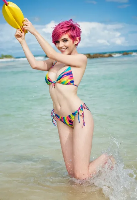 beautiful young woman of 20 years (cute acid pixie:1.4), pink hair, voluminous 80s hair, Blue eyes, photorealistic skin texture, seductive smile, (big tits:1.4), (colorful slingshot bikini:1.5), playing in the water next to a tropical beach, (whole body:1....