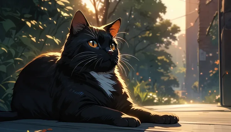 Solo, no humans, animals, Black cat animal-centered, masterpiece, highest quality, cute, detailed description, natural scenery, relaxing,I street corner,evening