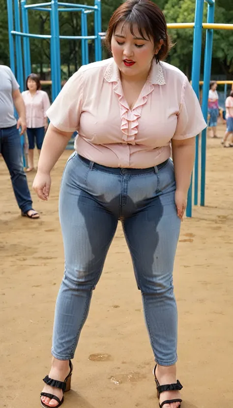 1woman,fullbody,(masterpiece:1.5),photo-realistic,16k,(beautiful 40s japanese plump lady:1.4),(crowded playground:1.6),(frilled blouse:1.5),(jeans:1.3),(sandals:1.5),(handing on wetting crotch with both hands:1.4),(whimpering:1.6),(panicking:1.6),(crying:1...