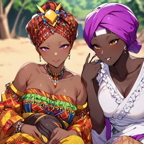 ((Highest quality)), ((masterpiece)), (detailed), （Perfect Face）、The woman is Momo Belia Deviluke, a Ghanaian by birth, with a vibrant dark skin, black by birth, and is wearing a vibrant Ghanaian dress, a vibrant turban head scarf, gorgeous jeweled accesso...