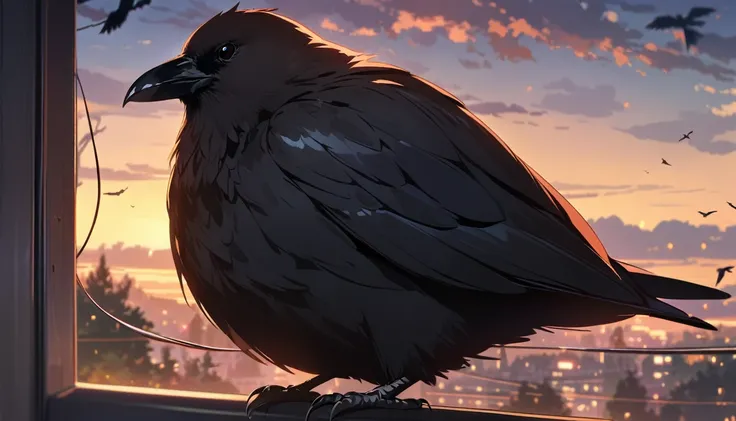 Solo, no humans, animals, Crow, animal-centered, masterpiece, highest quality, cute, detailed description, natural scenery, relaxing,Electrical wire,evening