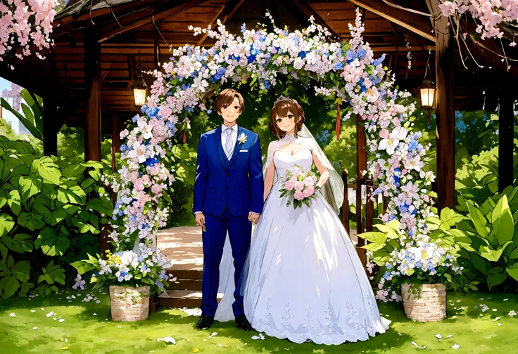 beautiful wedding scene, two characters, both standing, full body view, groom with loid style brown hair from spy x family, wear...