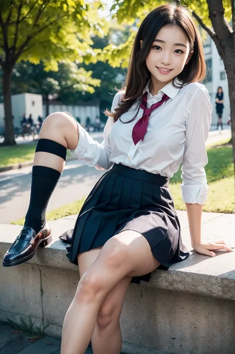 Pure Japanese school girl, wearing uniforms and blouse and skirt and socks and loafers, panty, natural makeup, natural hair styles, sweet smile, sexual attractive, sitting and relaxing in morning park, lift up skirt, professional portrait photography, dazz...