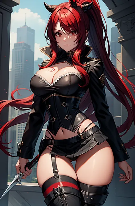 Rogue human woman, with red hair and black streaks, long high ponytail, white corset, black mini skirt, black thigh high boots, black jacket, with a dagger, red eyes.
