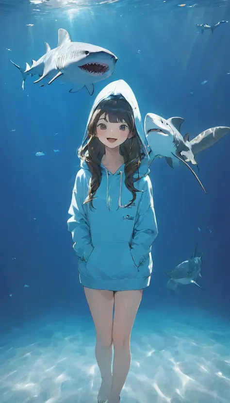 Highest quality、masterpiece:1.3、Perfect Anatomy、One Girl、Shark-chan、かわいいShark-chan、Shark-themed hoodie、Shark teeth on the hood、Wearing a hood、Light Blue Hoodie、Girl with open mouth、Sharp teeth、Shark themed hoodie、Light blue culottes、Random pose、break、水槽で泳ぐ...